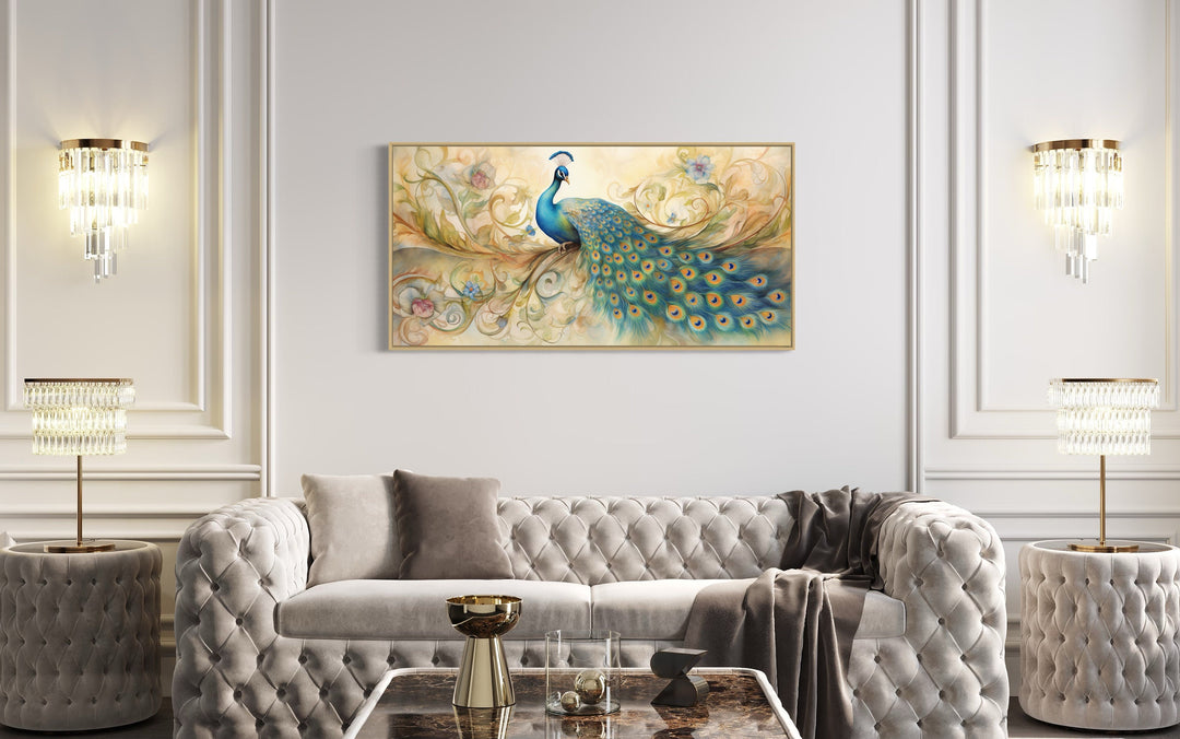Gold Green Peacock Framed Canvas Wall Art above white couch