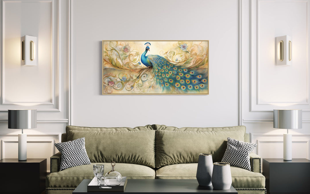 Gold Green Peacock Framed Canvas Wall Art above green couch