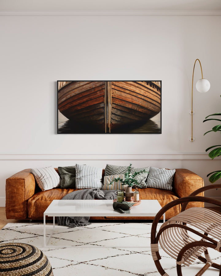 Old Brown Wooden Boat Framed Canvas Wall Art in living room