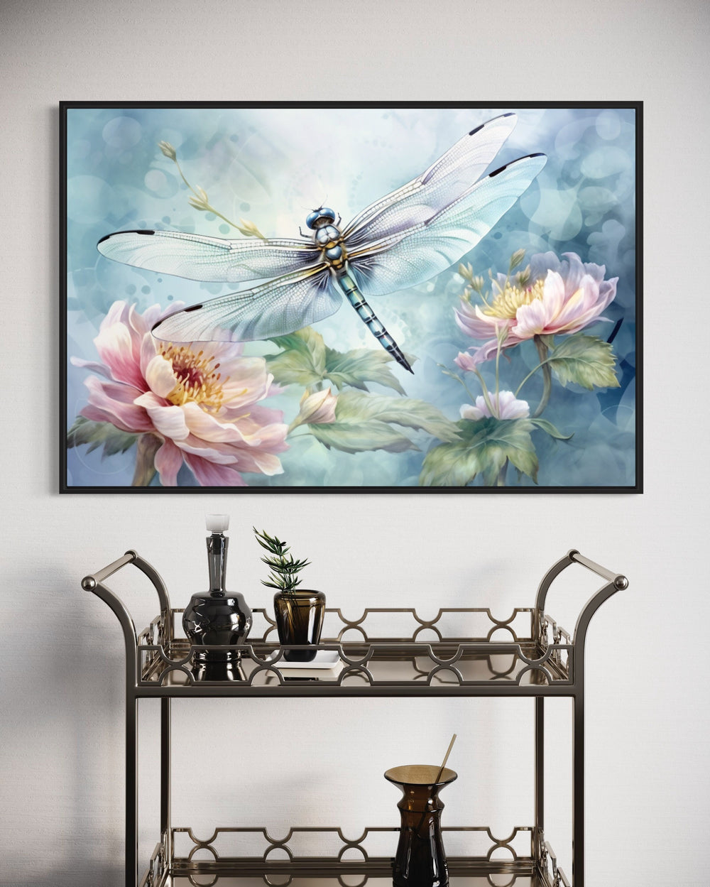 Dragonfly On Flower Shabby Chic Watercolor Wall Art in the bar