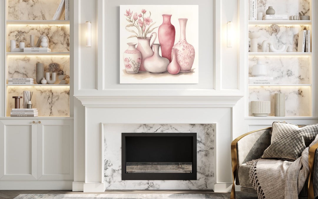 Pink Floral Vases on White Background Wall Art in above fireplace