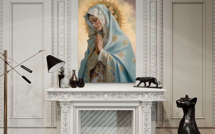 Our Lady of Guadalupe Framed Canvas Wall Art above mantel