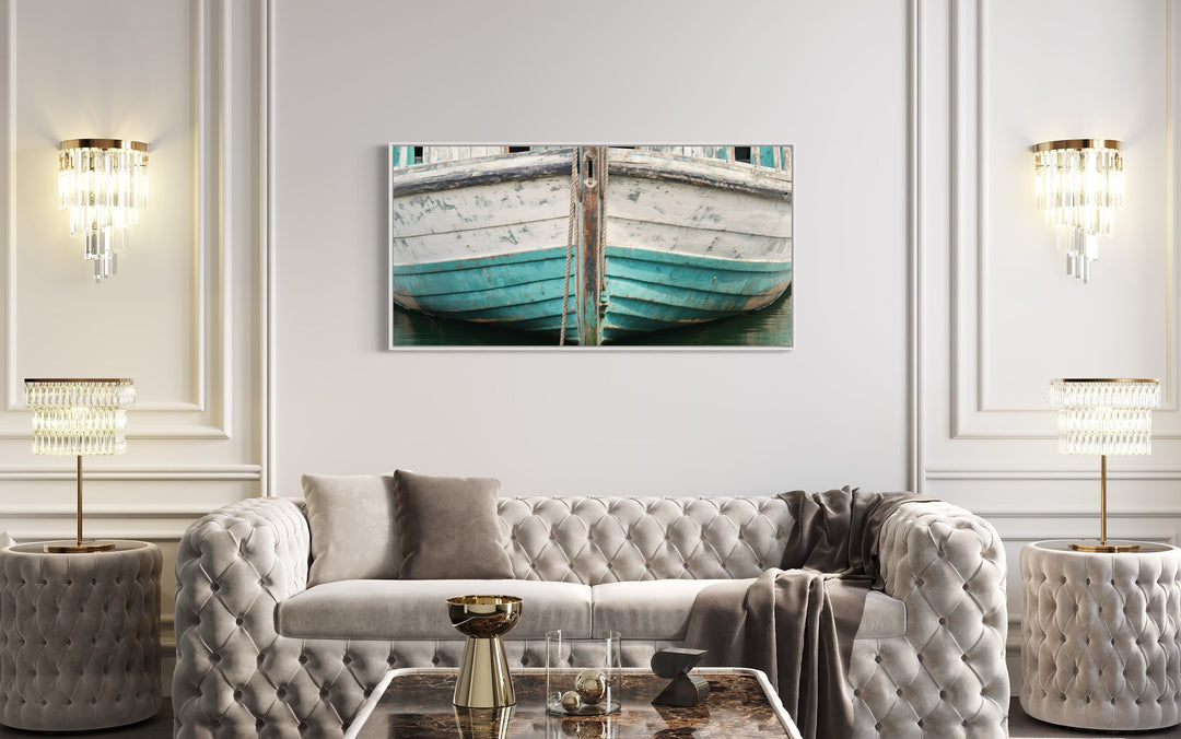 Rustic Old Teal Boat Close Up Framed Canvas Wall Art