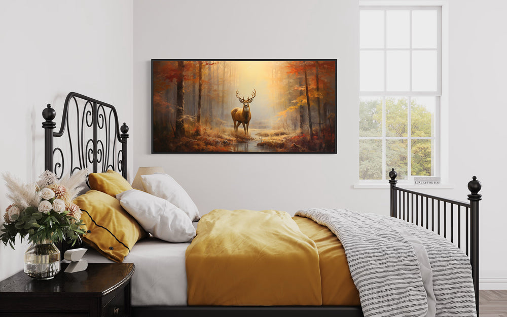 Deer Stag In Autumn Forest Extra Large Canvas Wall Art in yellow bedroom