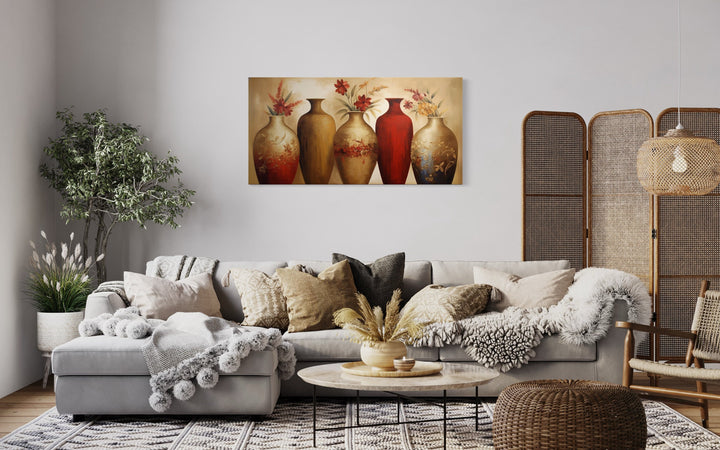 Red And Gold Floral Vases Canvas Wall Art in living room