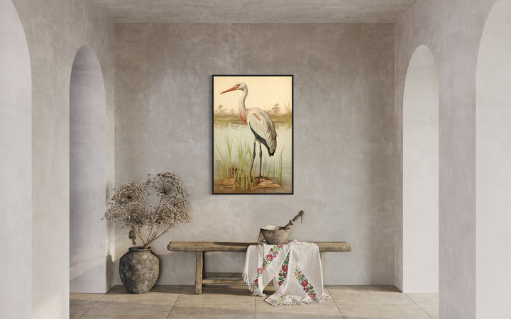 Vintage Stork Painting Coastal Canvas Wall Art in rustic home