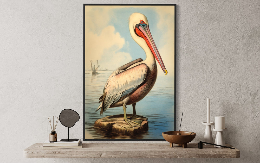 Pelican Watercolor Vintage Painting Framed Canvas Wall Art in black frame