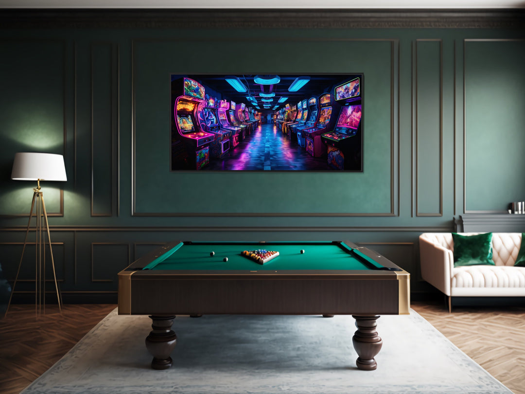 Retro Arcade Framed Canvas Wall Art in billiards room