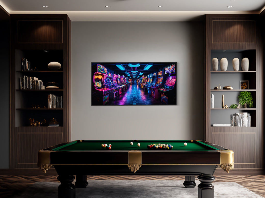 Retro Arcade Framed Canvas Wall Art in billiards room