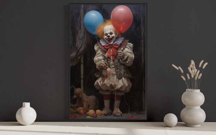 Evil Clown With Balloons Gothic Framed Canvas Wall Art close up