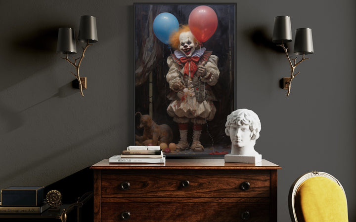 Evil Clown With Balloons Gothic Framed Canvas Wall Art