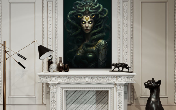 Green Medusa Gorgon Greek Mythology Framed Canvas Wall Art above fireplace