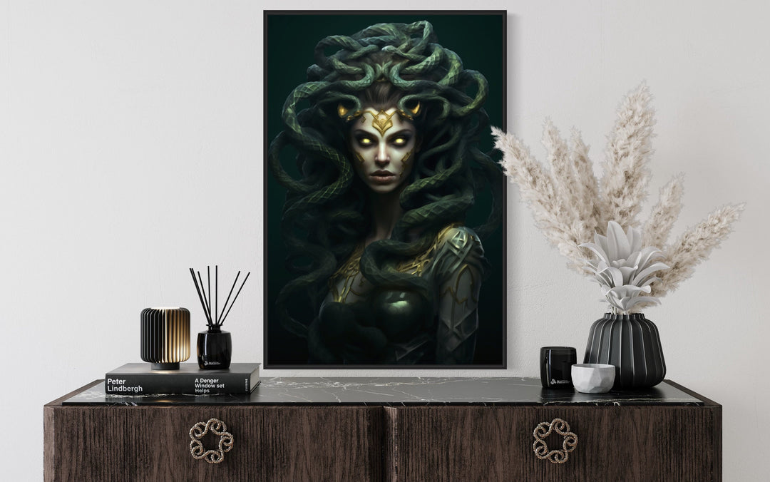 Green Medusa Gorgon Greek Mythology Framed Canvas Wall Art above table