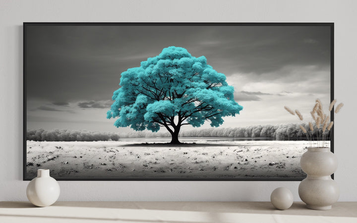 Teal Tree on Black White Background Framed Canvas Wall Art close up