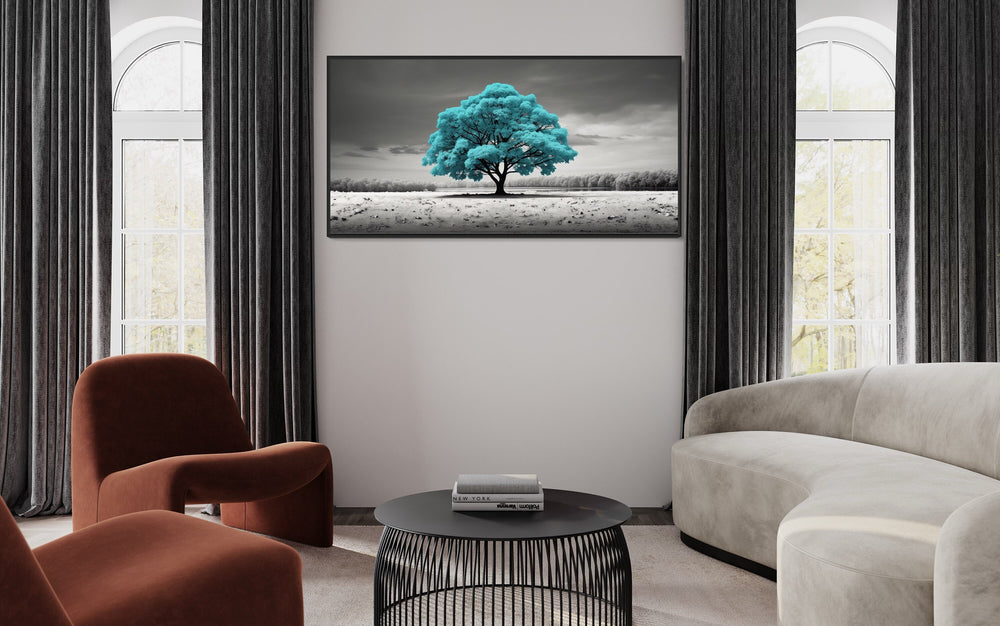 Teal Tree on Black White Background Framed Canvas Wall Art in living room