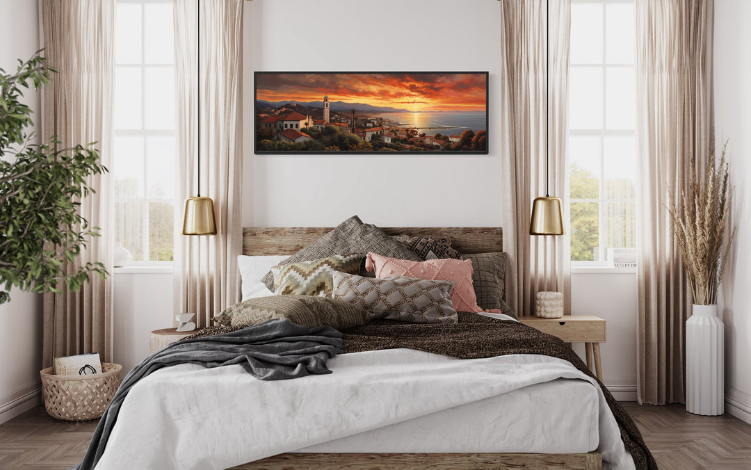 Santa Barbara At Sunrise Framed Horizontal Wall Art above bed