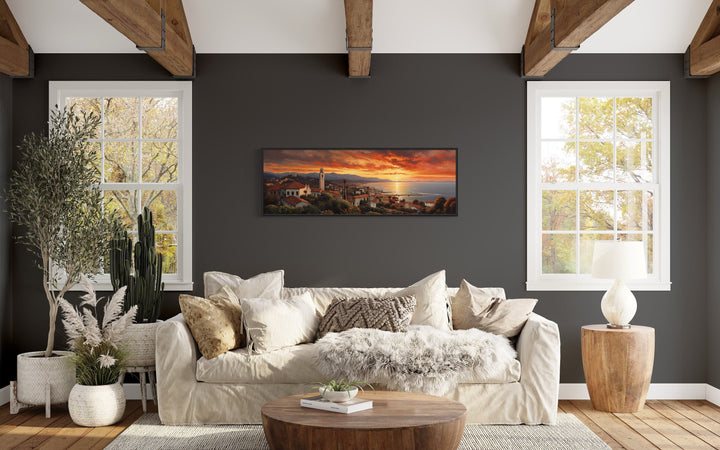 Santa Barbara At Sunrise Framed Horizontal Wall Art above beige couch