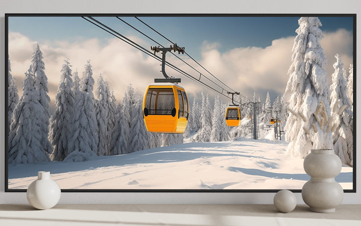 Yellow Chairlift In Ski Resort Framed Canvas Wall Art close up