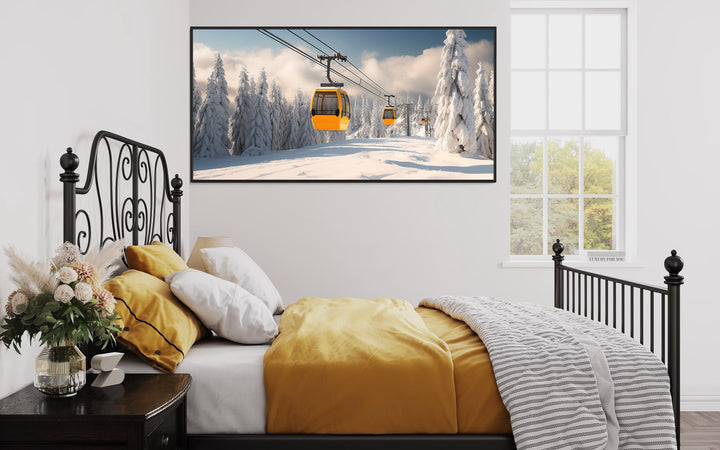 Yellow Chairlift In Ski Resort Framed Canvas Wall Art in bedroom