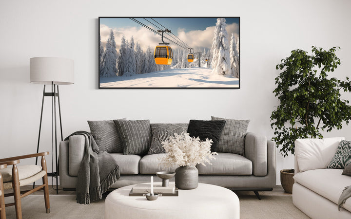 Yellow Chairlift In Ski Resort Framed Canvas Wall Art above grey couch