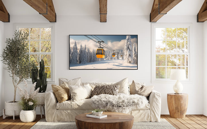 Yellow Chairlift In Ski Resort Framed Canvas Wall Art in living room