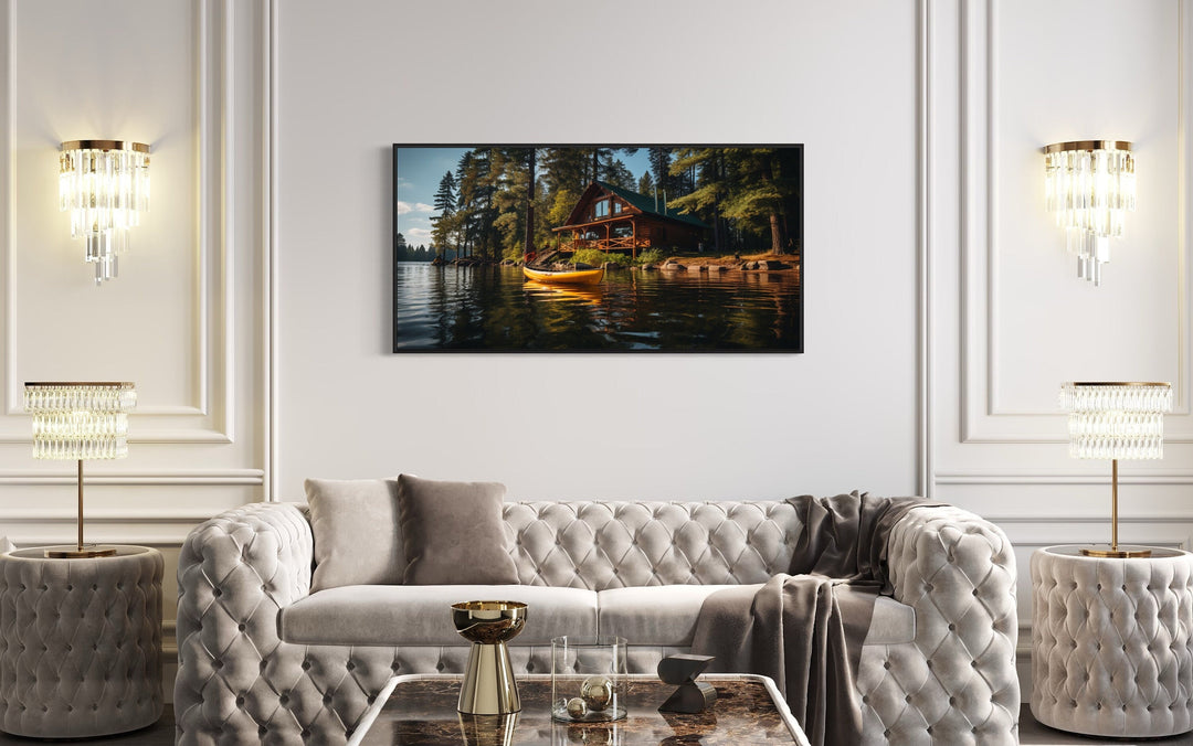 Lake House In The Woods With Yellow Canoe Painting "Summer Refuge" over white couch