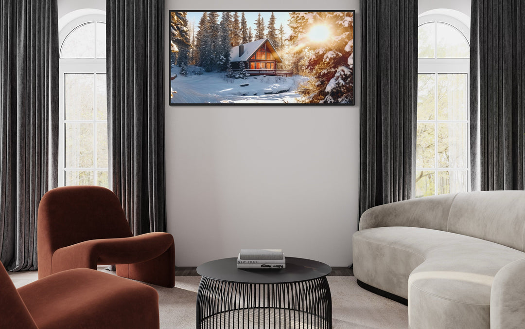 Cabin In The Woods In Snow Framed Canvas Wall Art in living room