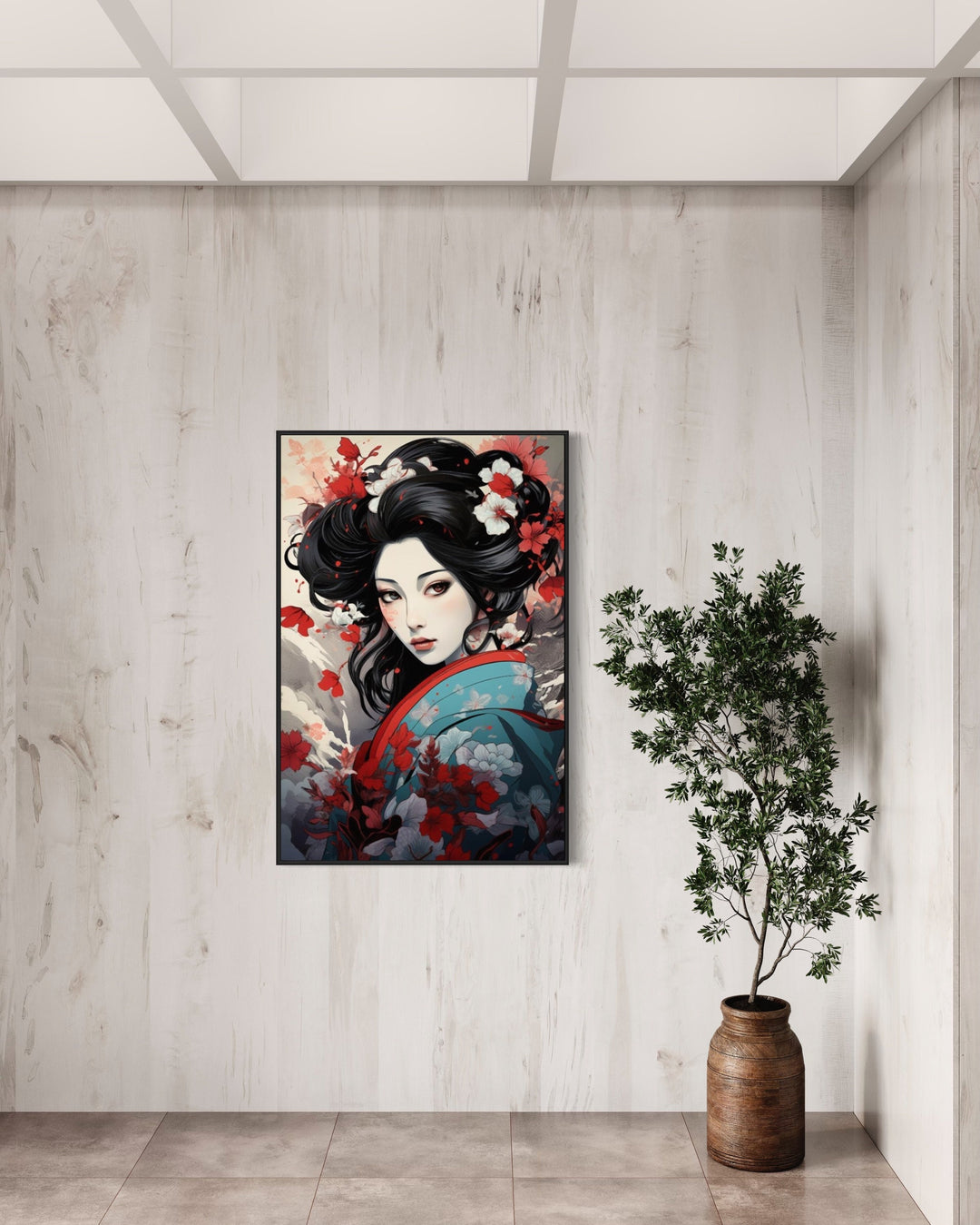 Ukiyo-e Style Geisha Portrait Framed Canvas Wall Art in large room