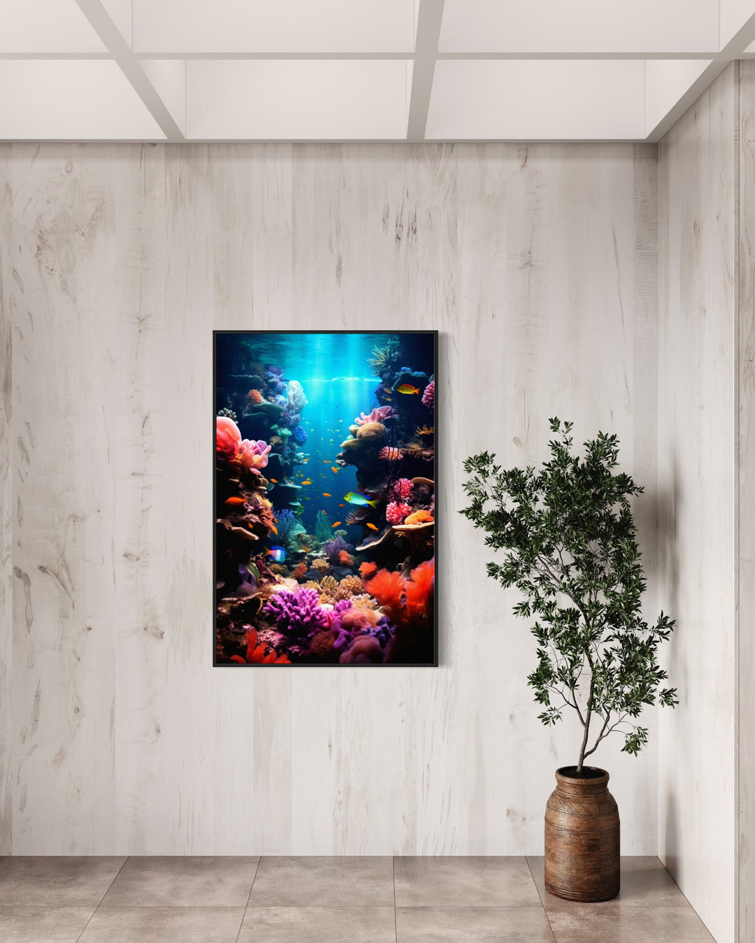 Underwater World Coral Reefs Fish Photograph Framed Canvas Wall Art in living room