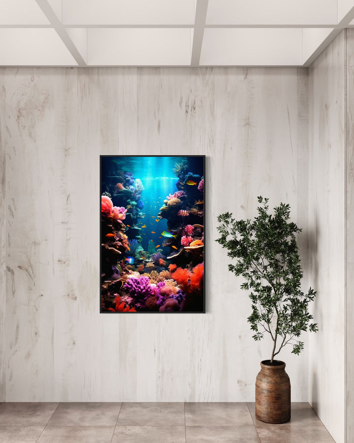 Underwater World Coral Reefs Fish Photograph Framed Canvas Wall Art in living room