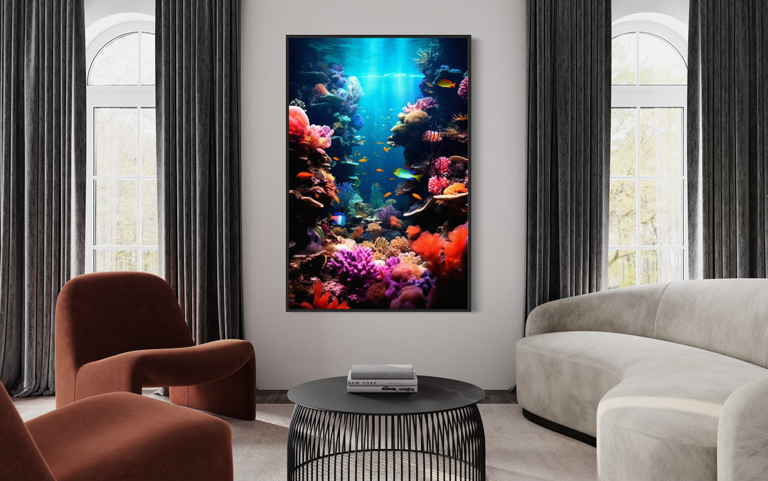 Underwater World Coral Reefs Fish Photograph Framed Canvas Wall Art in living room