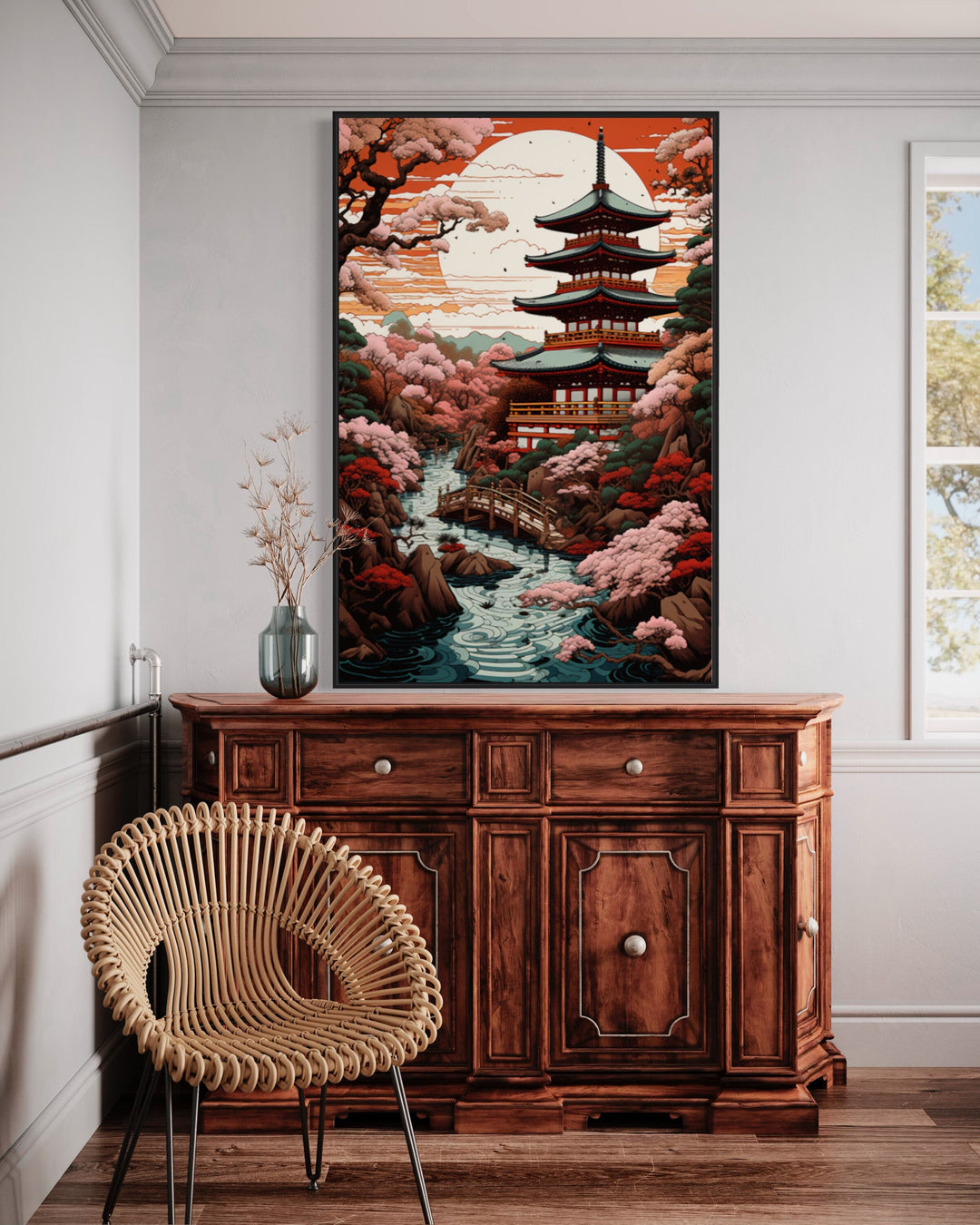 Ukiyo-e Style Japanese Pagoda And Garden Framed Canvas Wall Art above dresser