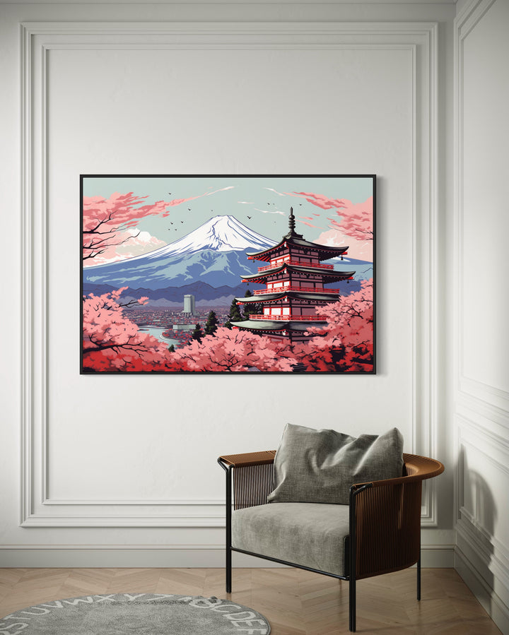 Japanese Pagoda, Cherry Blossom And Mt Fuji Ukiyo-e Style Wall Art behind armchair