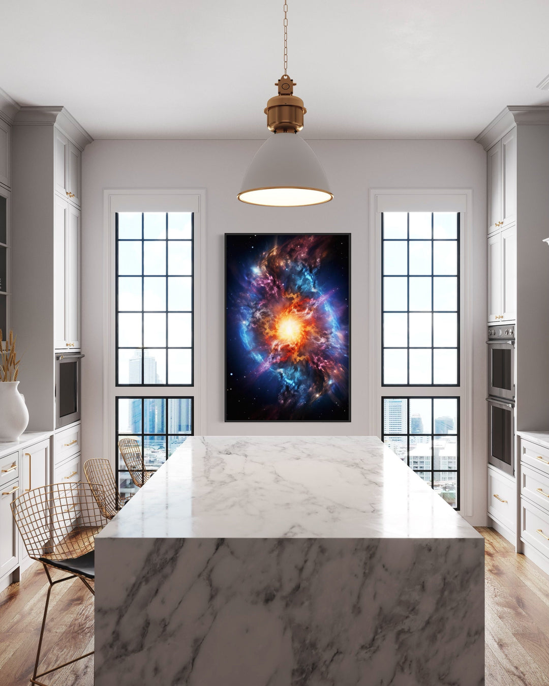 Big Bang Painting Space Framed Canvas Wall Art in living room