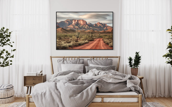 Arizona Desert Landscape The Four Peaks With Saguaros Wall Art above wooden bed