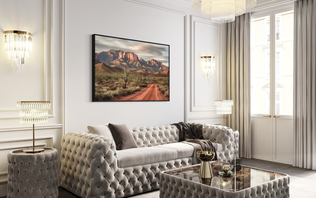 Arizona Desert Landscape The Four Peaks With Saguaros Wall Art above white couch