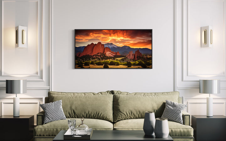 Garden of the Gods Pikes Peak Colorado Wall Art above green couch