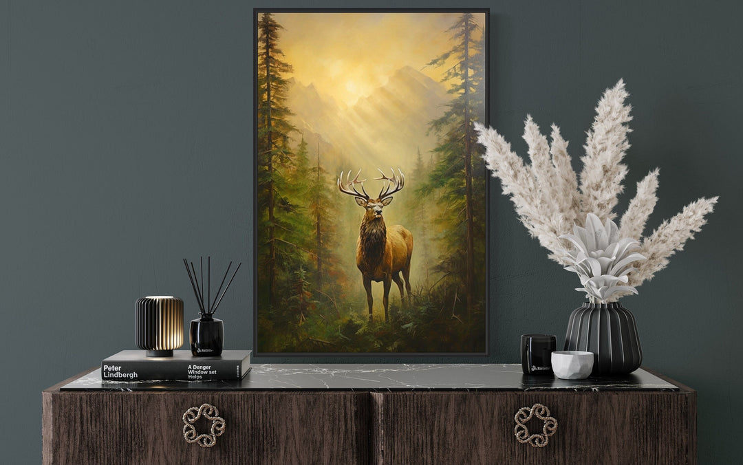 Elk in Fir Tree Forest At Sunrise Wall Art