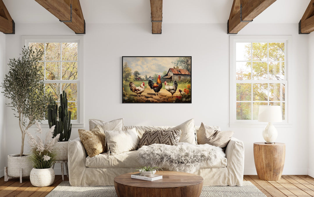 Roosters And Chickens On The Farm Framed Canvas Wall Art in living room