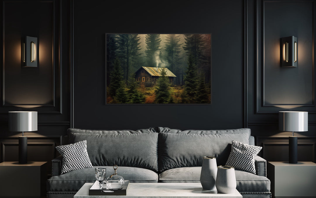 Cabin in The Dark Woods Framed Canvas Wall Art in dark living room