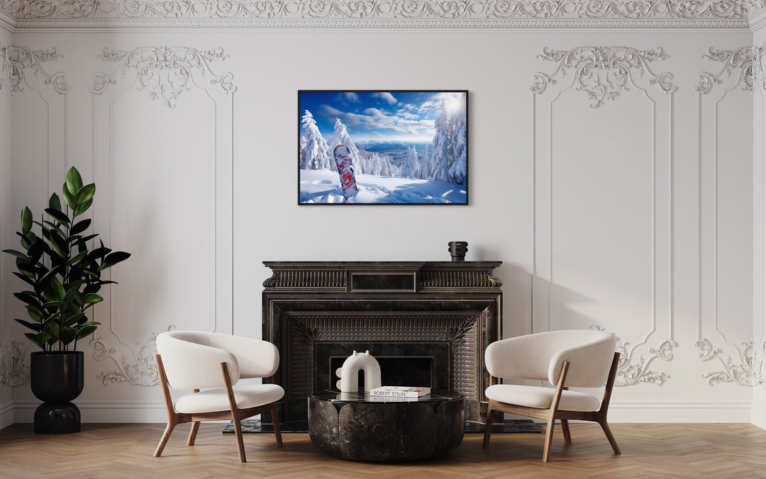 Snowboard In Snowy Mountains Winter Framed Canvas Wall Art above fireplace