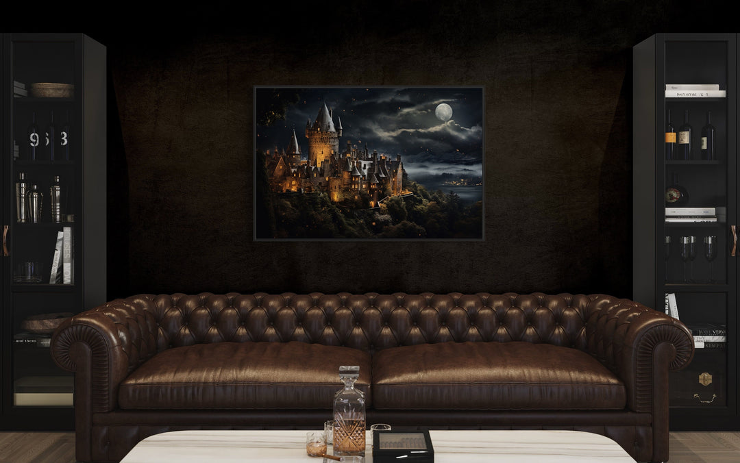 Magical Wizard Castle At Night Framed Canvas Wall Art in man cave