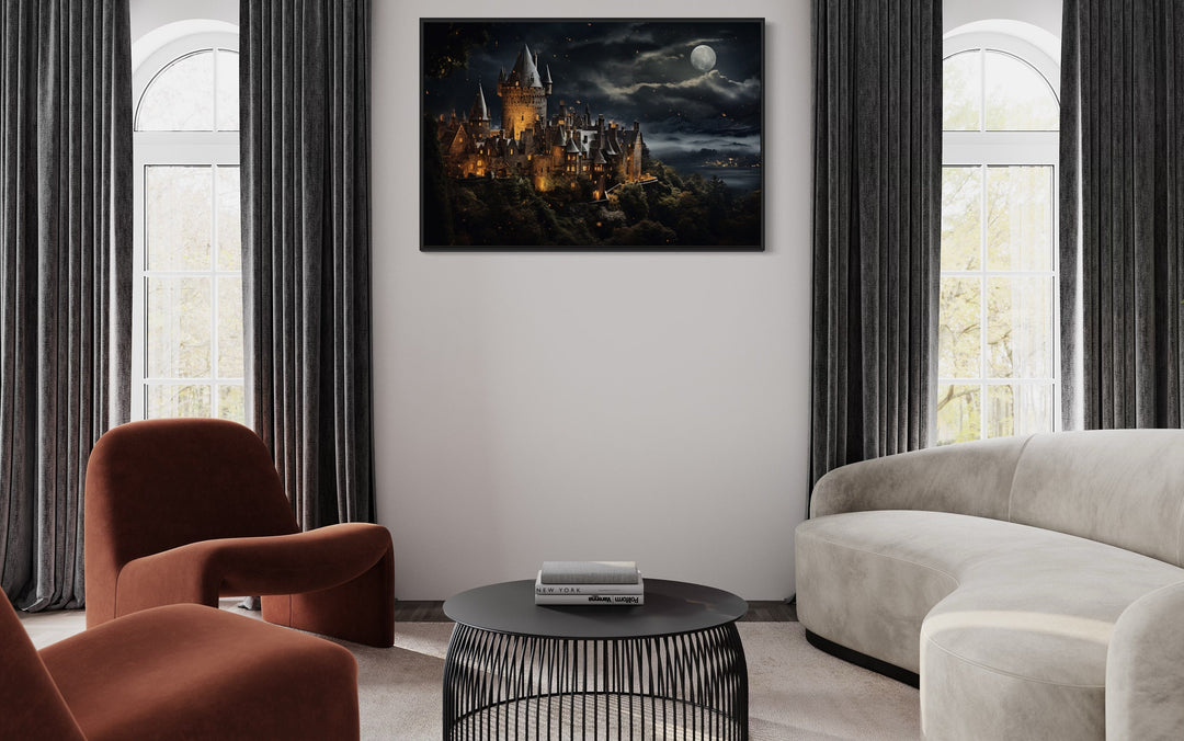 Magical Wizard Castle At Night Framed Canvas Wall Art in living room