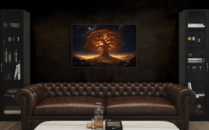 Tree Of Life Wall Art Norse Mythology Framed Canvas Wall Art above brown couch