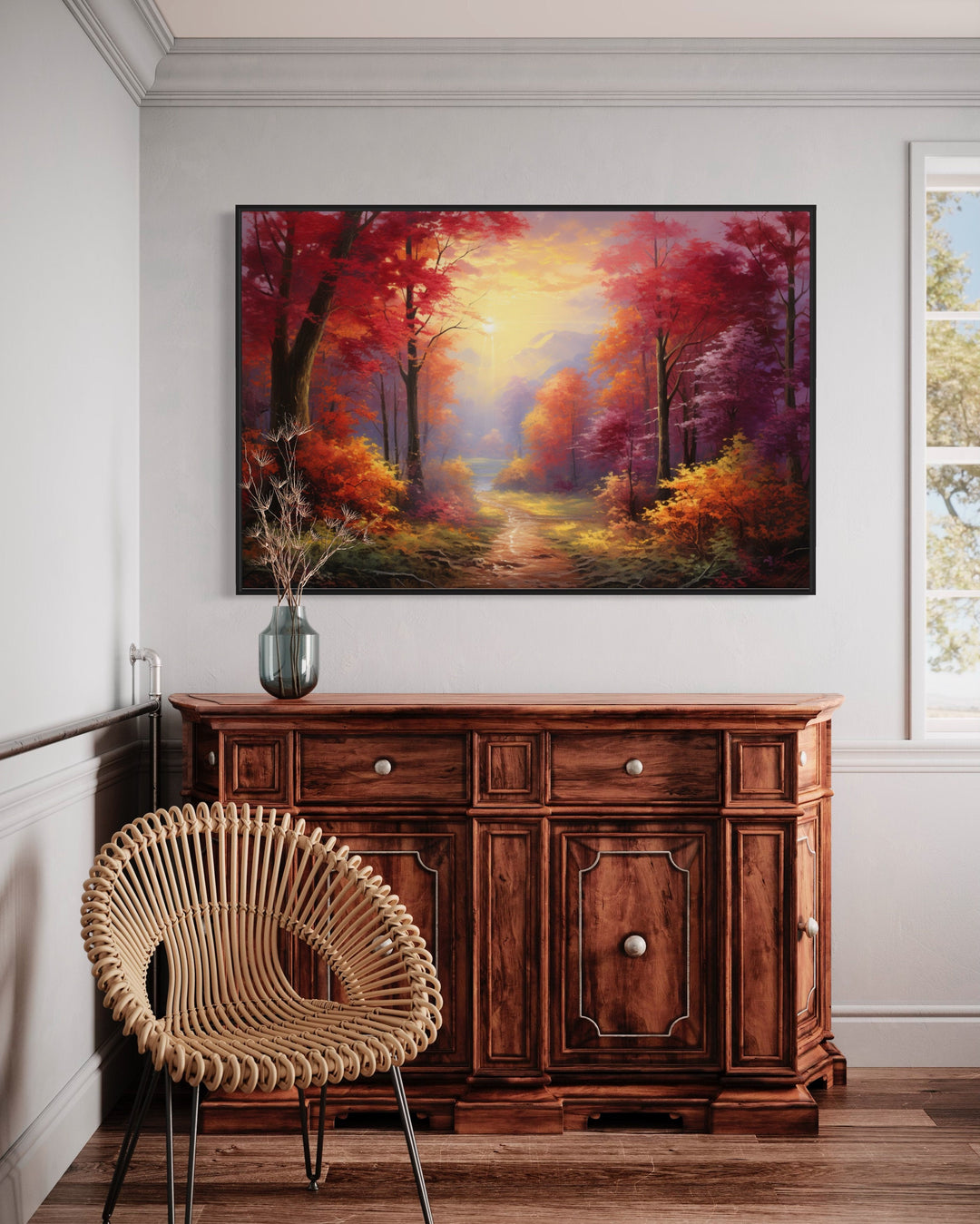 Fall Forest at Sunrise Framed Canvas Wall Art above dresser