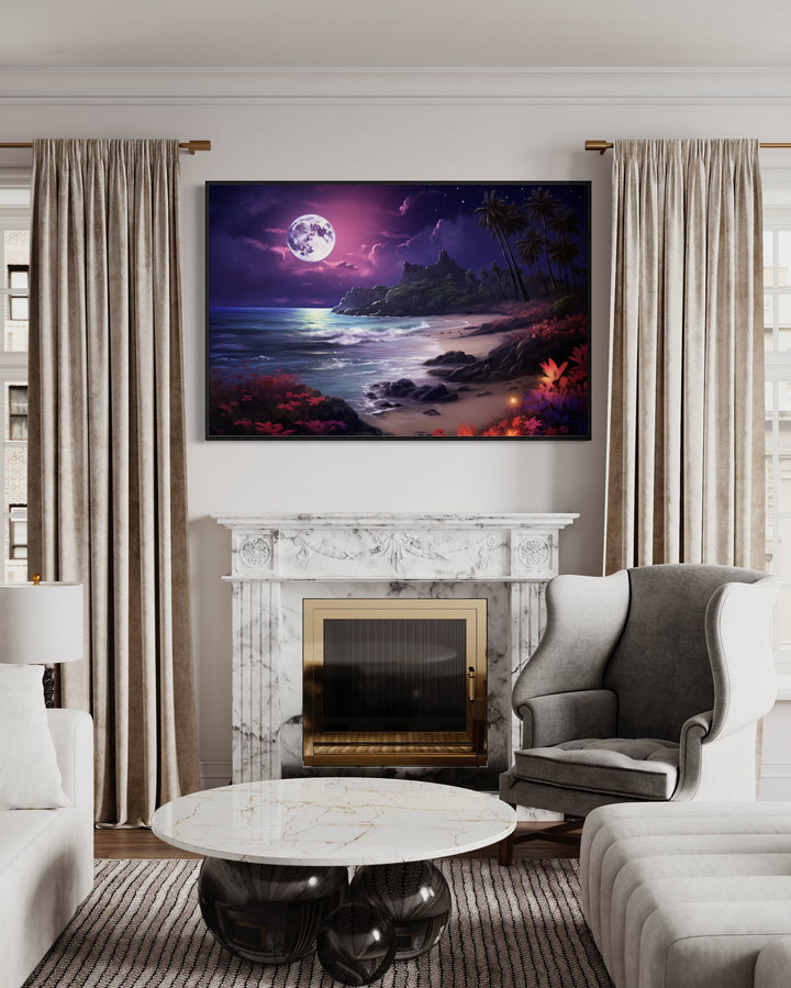 Colorful Ocean Beach At Night With Moon Framed Canvas Wall Art above fireplace