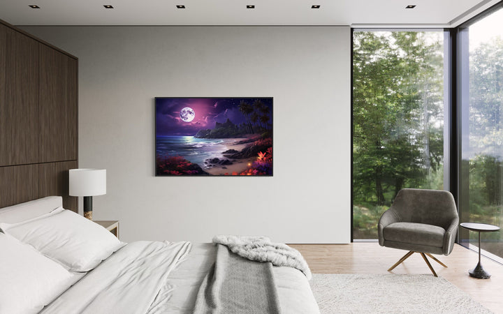 Colorful Ocean Beach At Night With Moon Framed Canvas Wall Art in bedroom