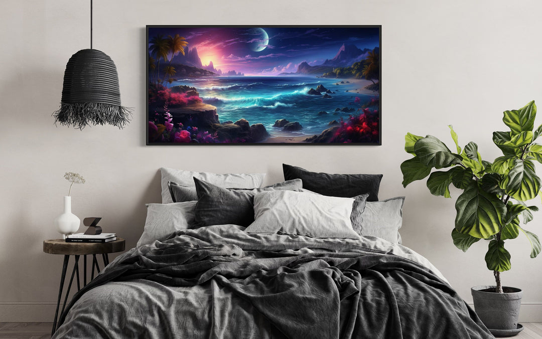 Tropical Beach At Night Framed Canvas Wall Art above black bed