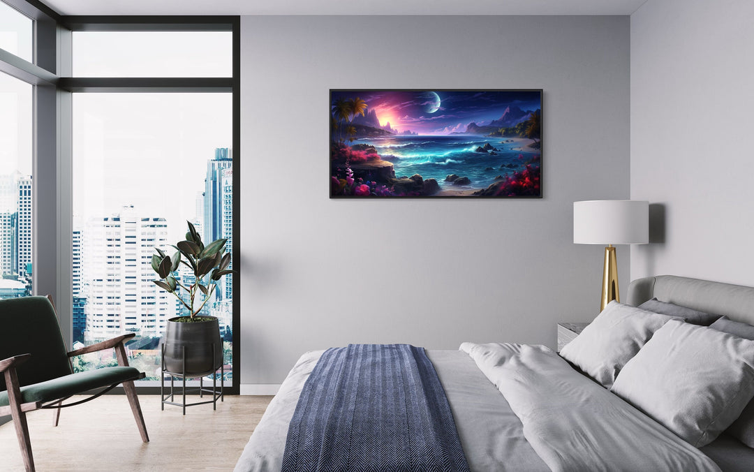 Tropical Beach At Night Framed Canvas Wall Art in bedroom