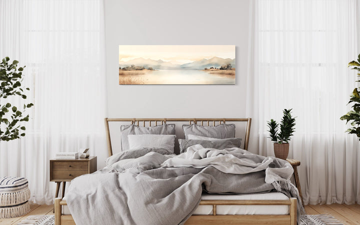 Neutral Beige Mountains Lake Long Narrow Framed Canvas Wall Art above bed